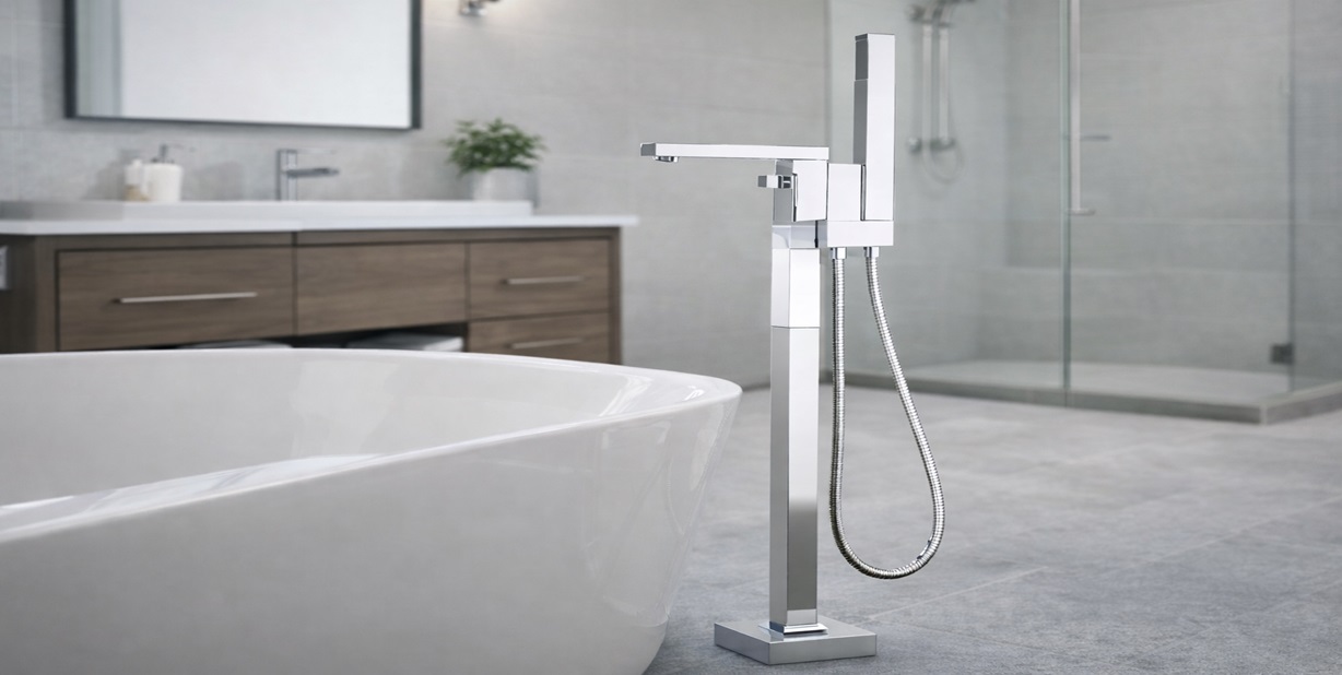 Freestanding bathtub faucet with valve and hand shower